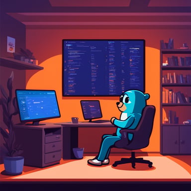 Go blue gopher coding in a cozy room, with code on the screens.