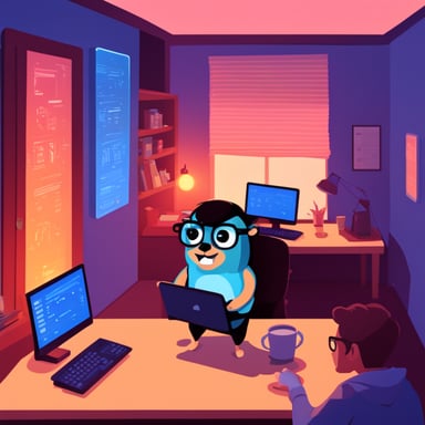Go blue gopher coding in a cozy room, with code on the screens.