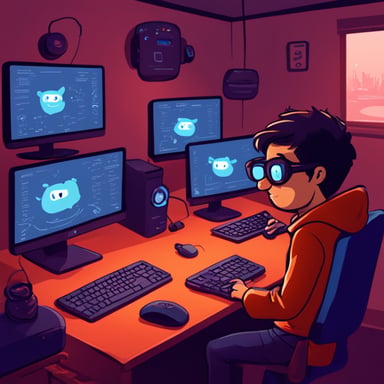 Go blue gopher coding in a cozy room, with code on the screens.