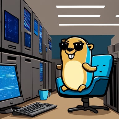 Happy Go Blue Gopher coding in a server room surrounded by lots of screens, with a Go mug of coffee.
