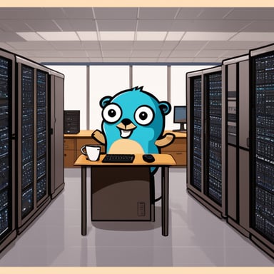 Happy Go Blue Gopher coding in a server room surrounded by lots of screens, with a Go mug of coffee.