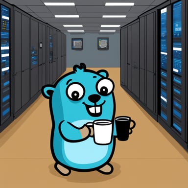 Happy Go Blue Gopher coding in a server room surrounded by lots of screens, with a Go mug of coffee.