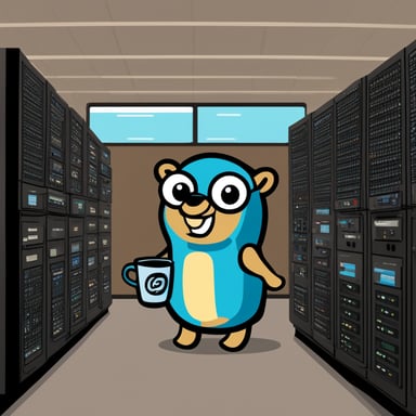 Happy Go Blue Gopher coding in a server room surrounded by lots of screens, with a Go mug of coffee.