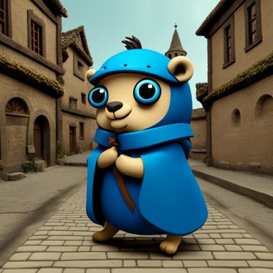 Generate Go Blue Gopher with sideburns in a medieval city.