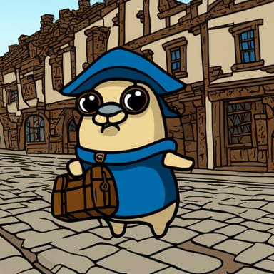 Generate Go Blue Gopher with sideburns in a medieval city.