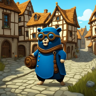 Generate Go Blue Gopher with sideburns in a medieval city.