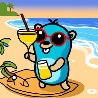 Go Blue Gopher drinking a cocktail on the beach.