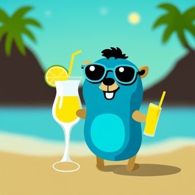Go Blue Gopher drinking a cocktail on the beach.