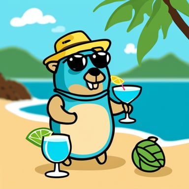 Go Blue Gopher drinking a cocktail on the beach.