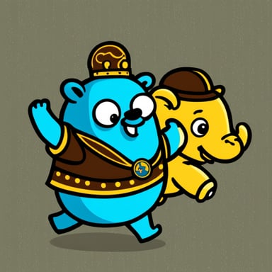 Go Blue Gopher running from a blue elephant.