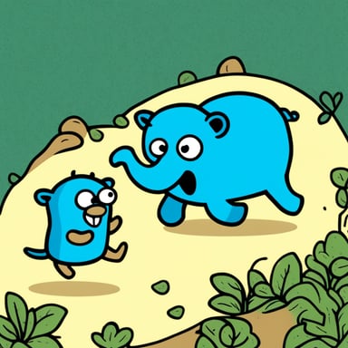Go Blue Gopher running from a giant blue elephant.