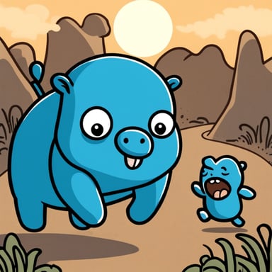 Go Blue Gopher running from a giant blue elephant.