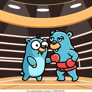 Go Blue Gopher in a boxing ring fighting with an elephant.