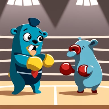Go Blue Gopher in a boxing ring fighting with an elephant.