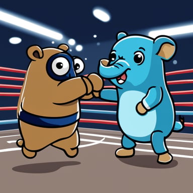 Go Blue Gopher in a boxing ring fighting with an elephant.