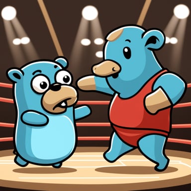 Go Blue Gopher in a boxing ring fighting with an elephant.