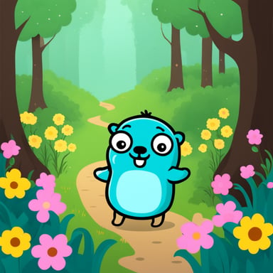 Go Blue Gopher happy in the forest with flowers around.