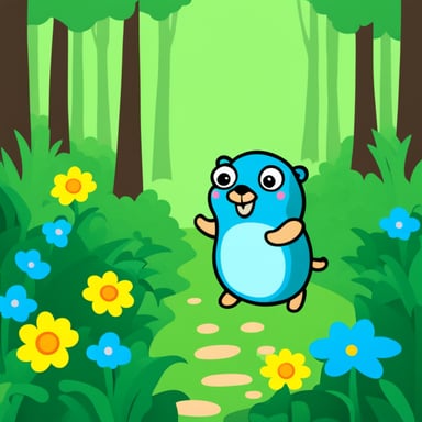 Go Blue Gopher happy in the forest with flowers around.