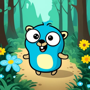 Go Blue Gopher happy in the forest with flowers around.