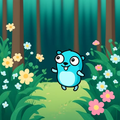 Go Blue Gopher happy in the forest with flowers around.