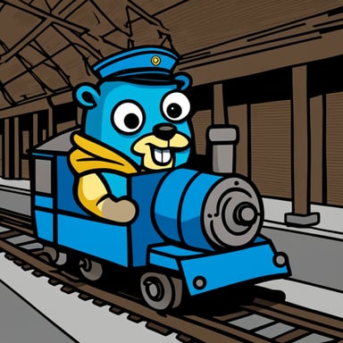 Go Blue Gopher driving a train.