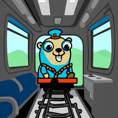 Go Blue Gopher driving a train.