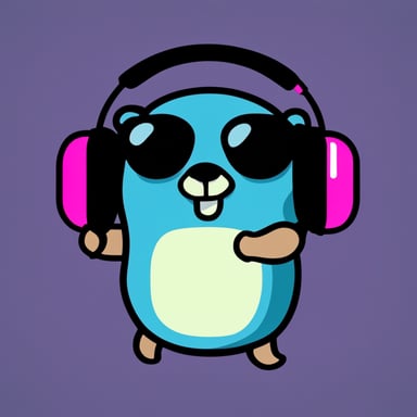 Go Blue Gopher listening to music with headphones, synthwave style.