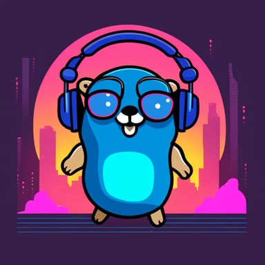 Go Blue Gopher listening to music with headphones, synthwave style.