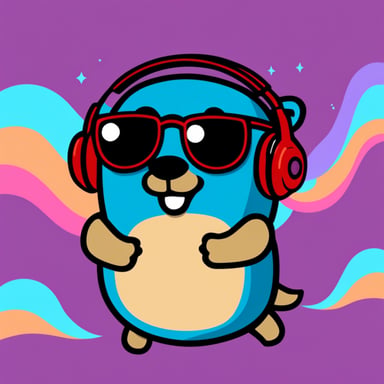 Go Blue Gopher listening to music with headphones, synthwave style.