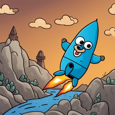 Go blue gopher holds on to a rocket going upwards.