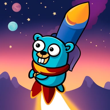 Go blue gopher holds on to a rocket going upwards.