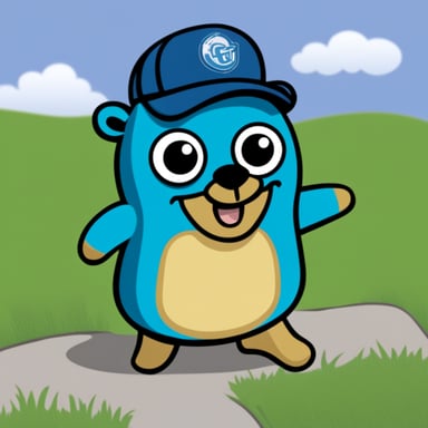Happy Go Blue Gopher cartoon with a Haskell t-shirt.
