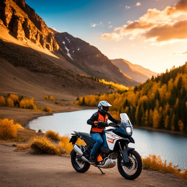 Go Blue Gopher riding a KTM 1090 Adventure motorcycle.