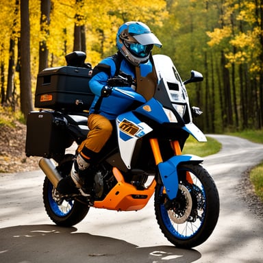 Go Blue Gopher riding a KTM 1090 Adventure motorcycle.