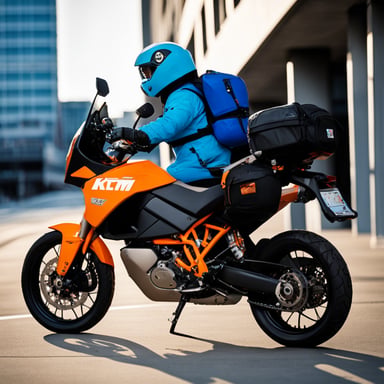 Go Blue Gopher riding a KTM 1090 Adventure motorcycle.