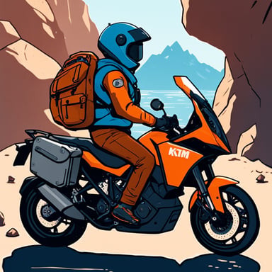 Go blue gopher riding an orange KTM 1090 Adventure motorcycle without a helmet.