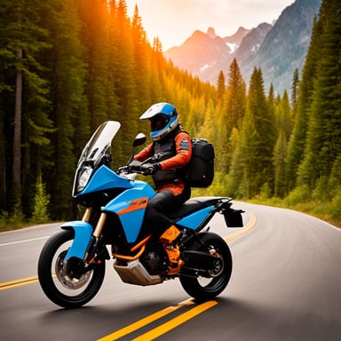 Go blue gopher riding an orange KTM 1090 Adventure motorcycle without a helmet.