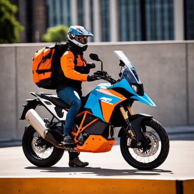 Go blue gopher riding an orange KTM 1090 Adventure motorcycle without a helmet.