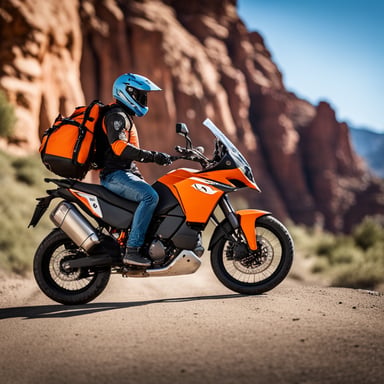 Go blue gopher riding an orange KTM 1090 Adventure motorcycle without a helmet.