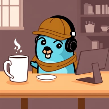 Go Blue Gopher listening to a podcast and drinking coffee.