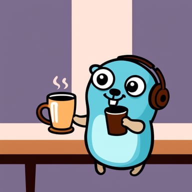 Go Blue Gopher listening to a podcast and drinking coffee.