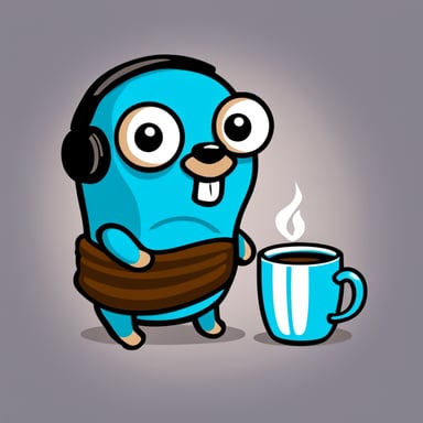 Go Blue Gopher listening to a podcast and drinking coffee.