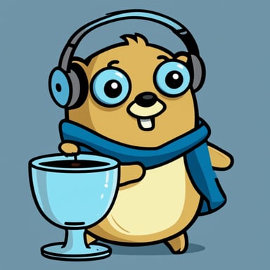 Go Blue Gopher listening to a podcast and drinking coffee.