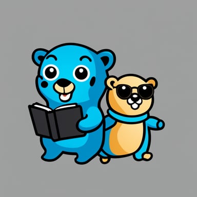 Go Blue Gopher and Blue Cheetah working together in 2D graphics, including the Kubernetes logo.
