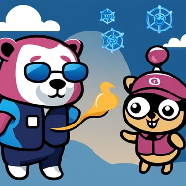 Go Blue Gopher and Blue Cheetah working together in 2D graphics, including the Kubernetes logo.