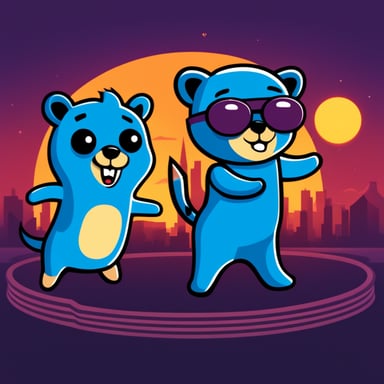 Go Blue Gopher and Blue Cheetah working together in 2D graphics, including the Kubernetes logo.