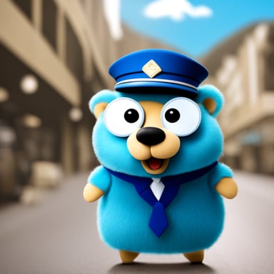 Photo realistic flight attendant with blue fur as go blue gopher.