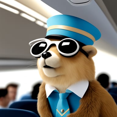 Photo realistic flight attendant with blue fur as go blue gopher.