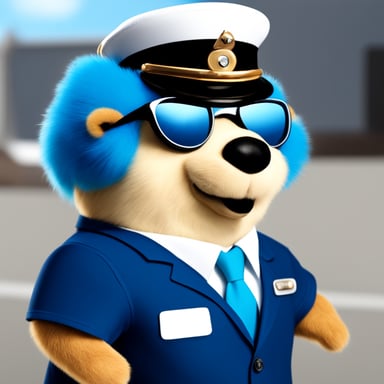 Photo realistic flight attendant with blue fur as go blue gopher.