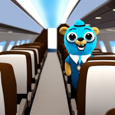 Photo realistic flight attendant with blue fur as go blue gopher.